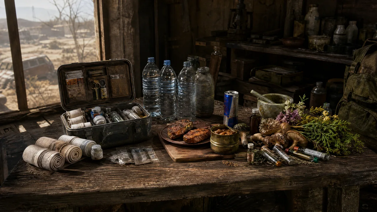 Dead Land Survival consumables visual guide showing bandages medkit food water energy drink and antidote supplies