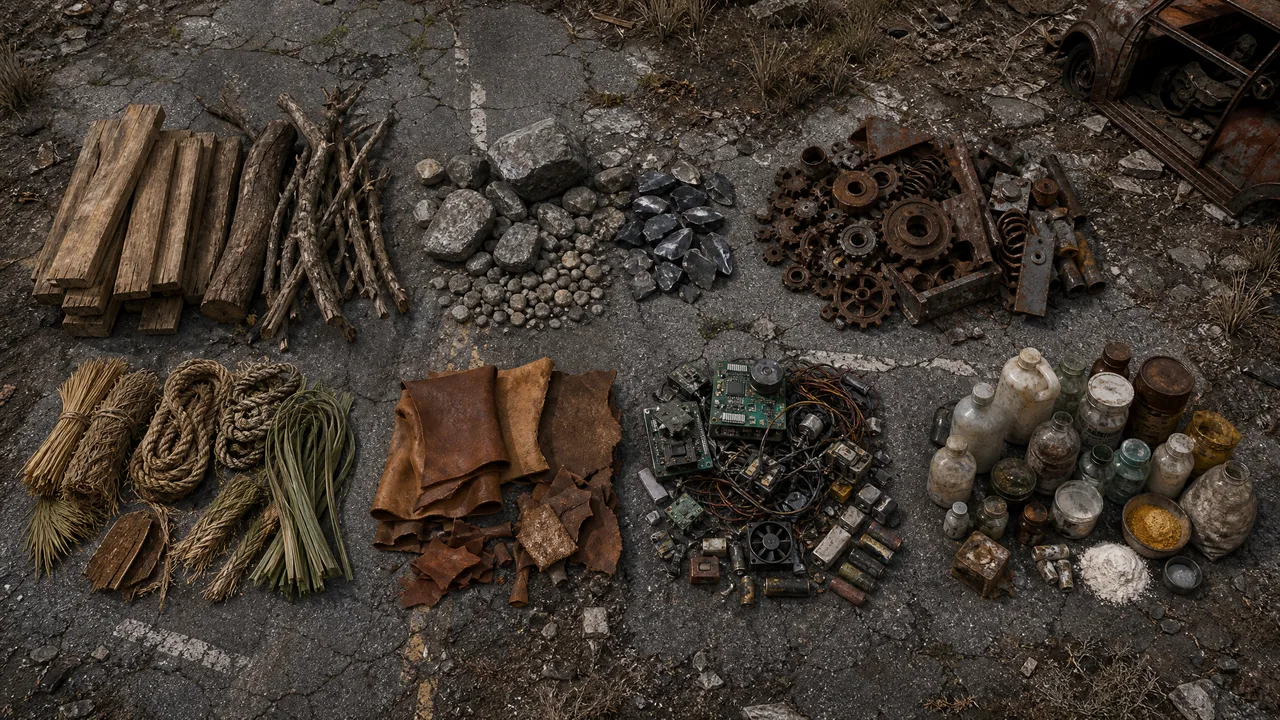 Dead Land Survival crafting resources visual guide showing wood stone scrap fiber leather electronics and chemicals
