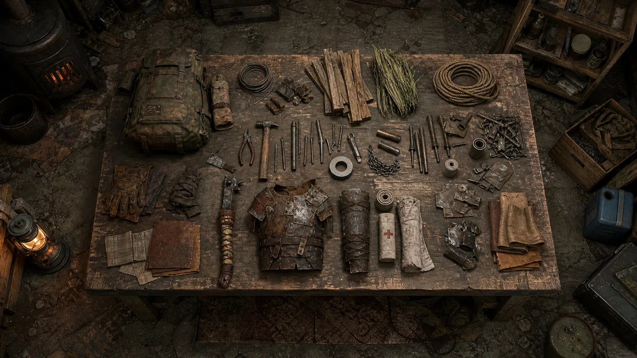 Dead Land Survival crafting workbench visual guide showing tools resources and partially crafted survival gear