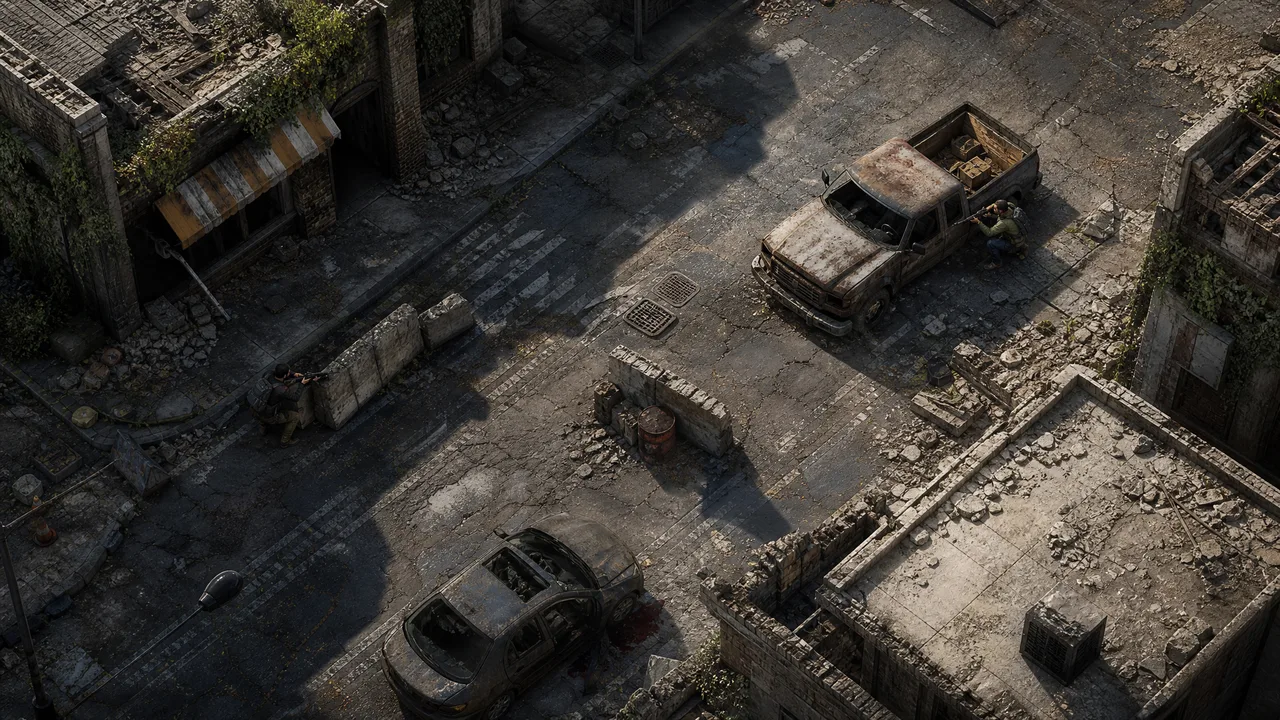 Dead Land Survival PVP cover movement visual guide showing survivors using walls and wrecks for line of sight control