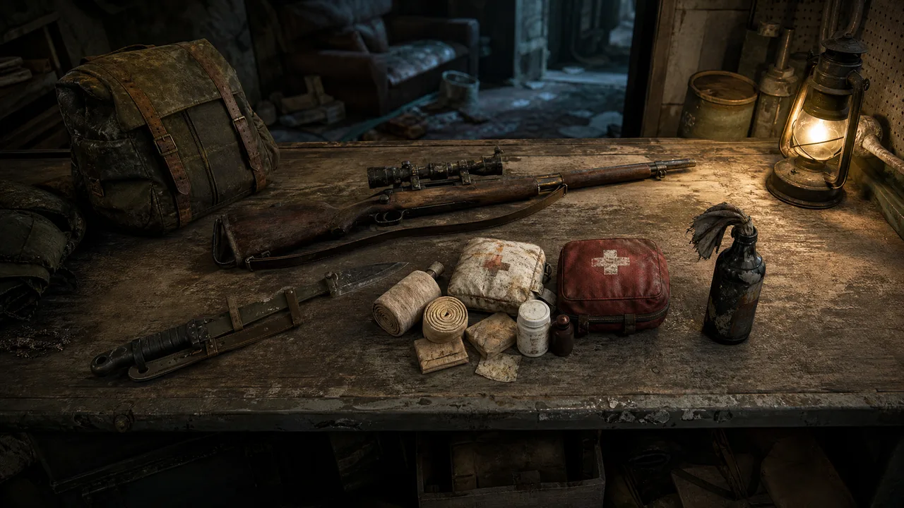 Dead Land Survival PVP gear pairing visual guide showing ranged weapon melee backup healing and throwable supplies