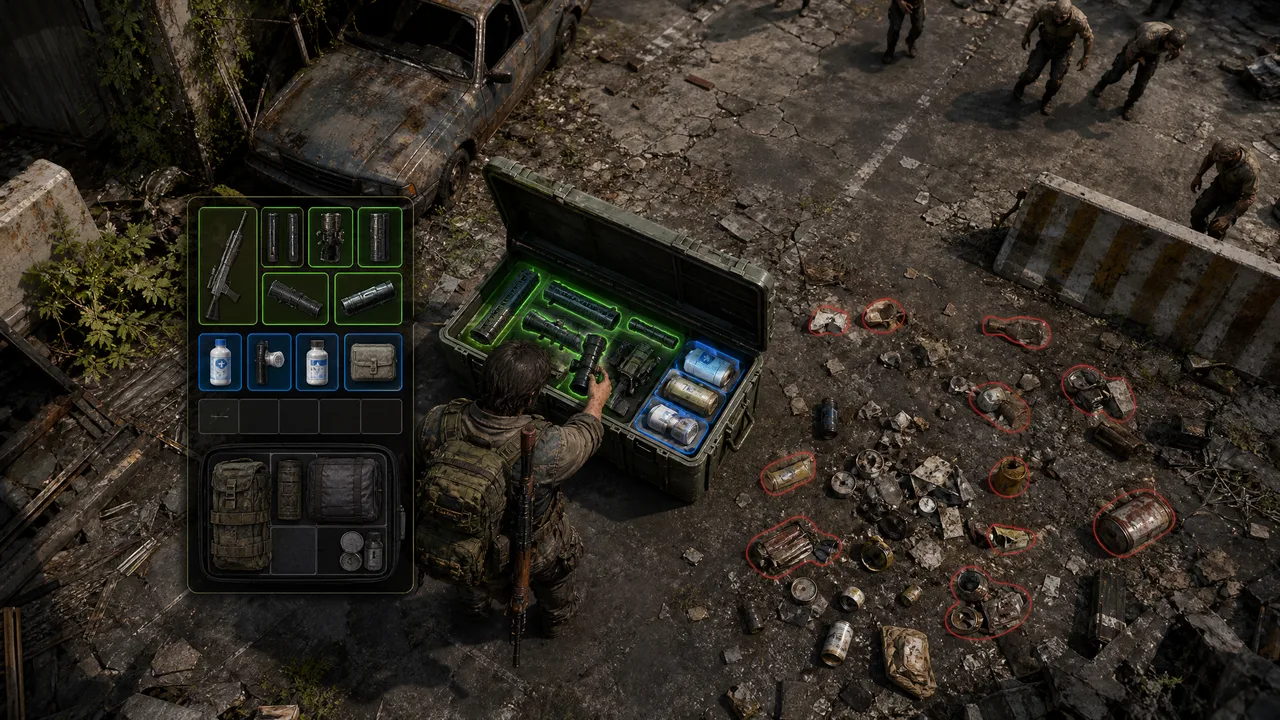 Dead Land Survival backpack priority visual guide showing rare supplies chosen over common clutter