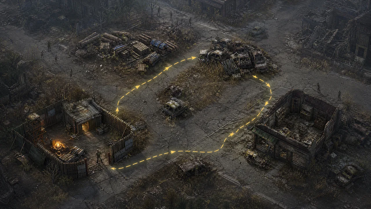 Dead Land Survival resource route visual guide showing a survivor planning a safe scavenging loop
