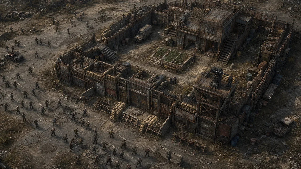 Dead Land Survival shelter defense upgrade visual guide showing reinforced walls barricades and turret parts