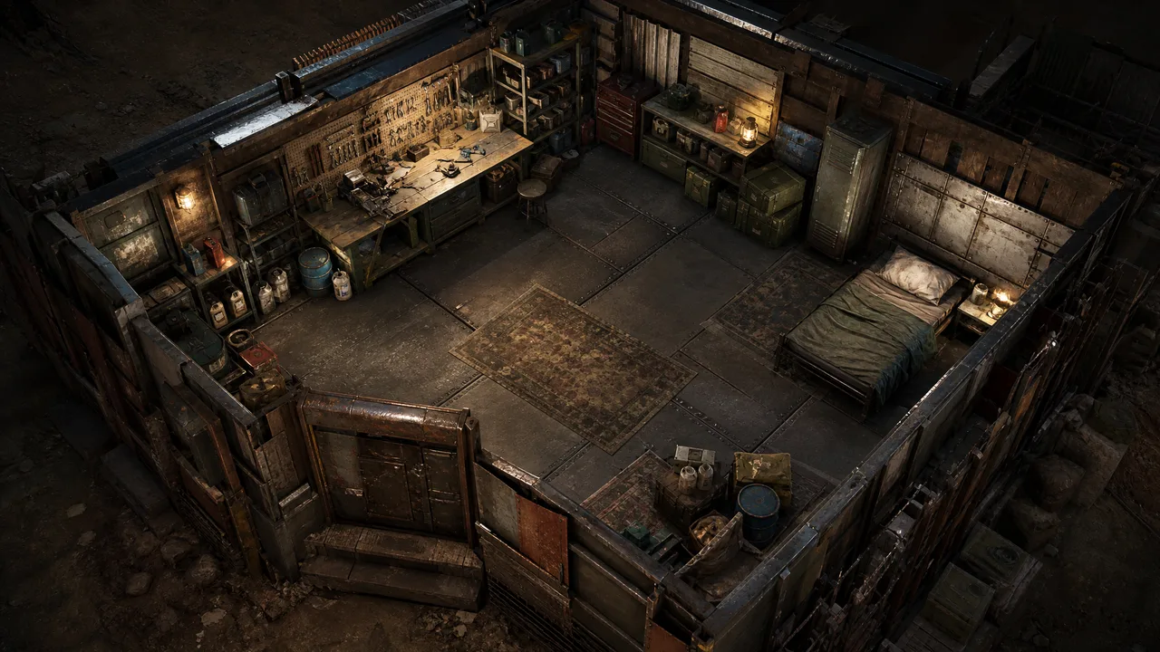 Dead Land Survival shelter workbench and storage visual guide showing a fortified starter base interior
