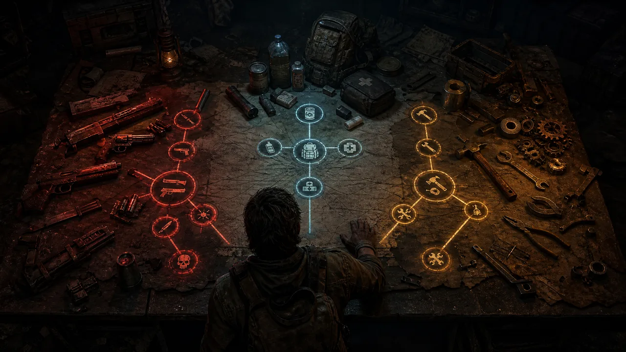 Dead Land Survival skill tree visual guide showing combat survival and crafting upgrade paths