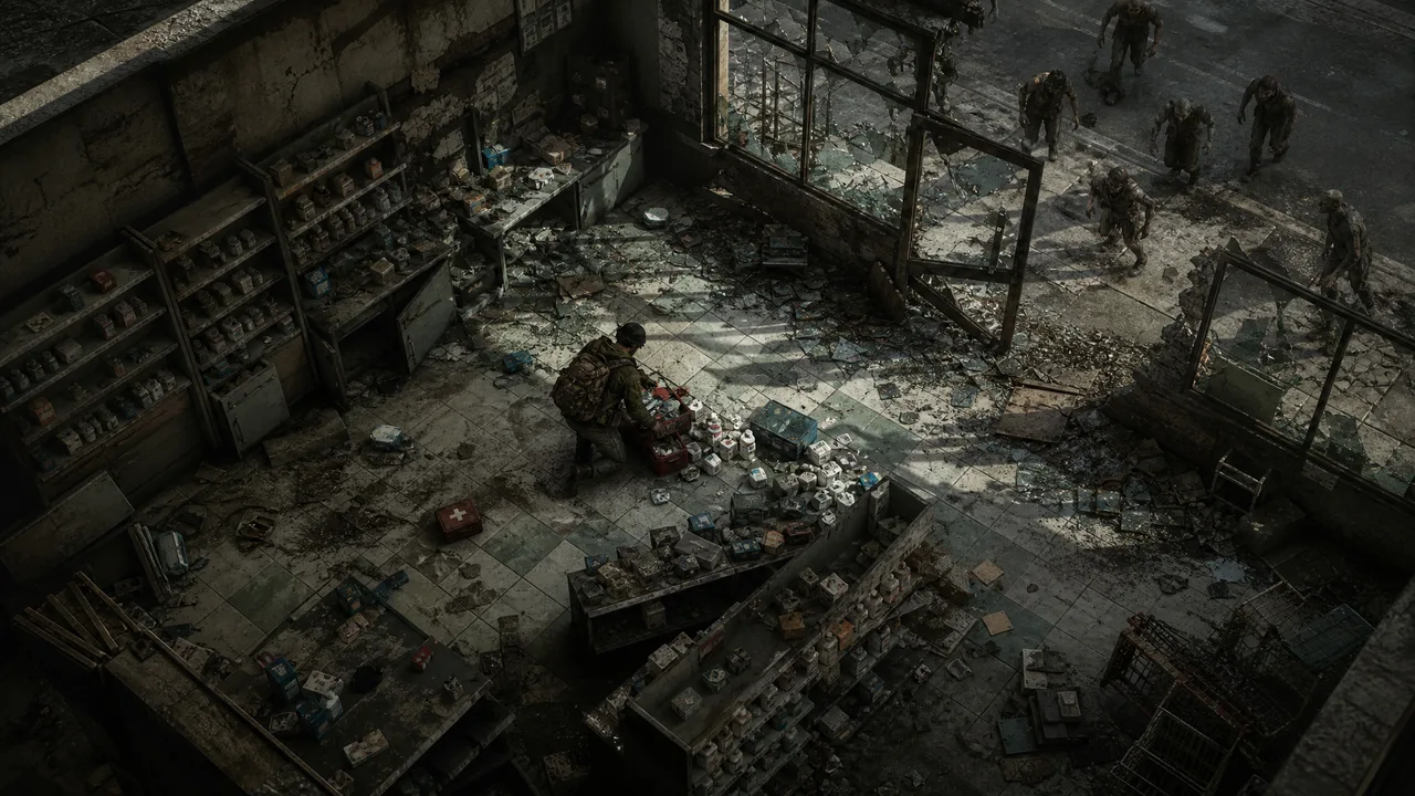 Dead Land Survival Task 014 visual guide showing a damaged pharmacy with medical supplies and infected outside