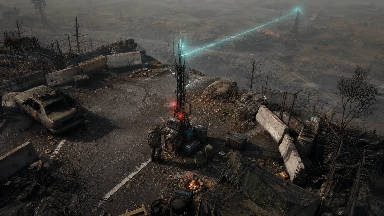 Dead Land Survival Task 015 visual guide showing a survivor using a radio relay to signal an outpost