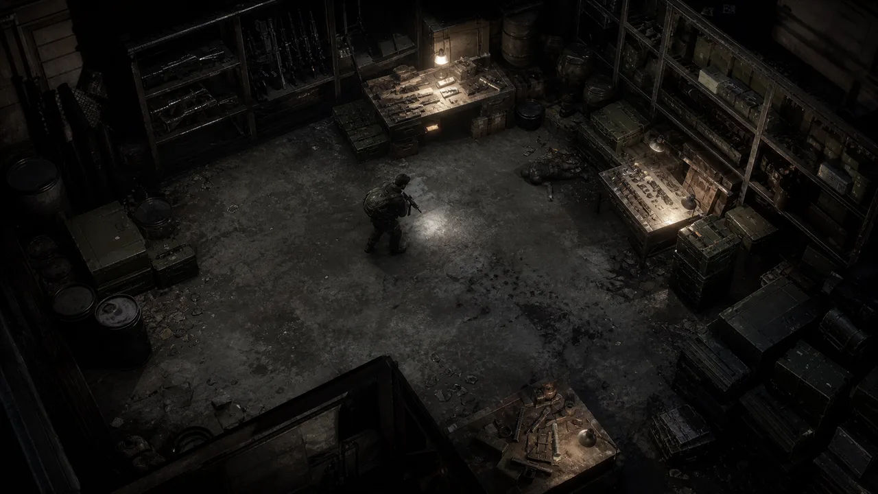Dead Land Survival Task 017 visual guide showing a survivor searching a military armory for weapon parts