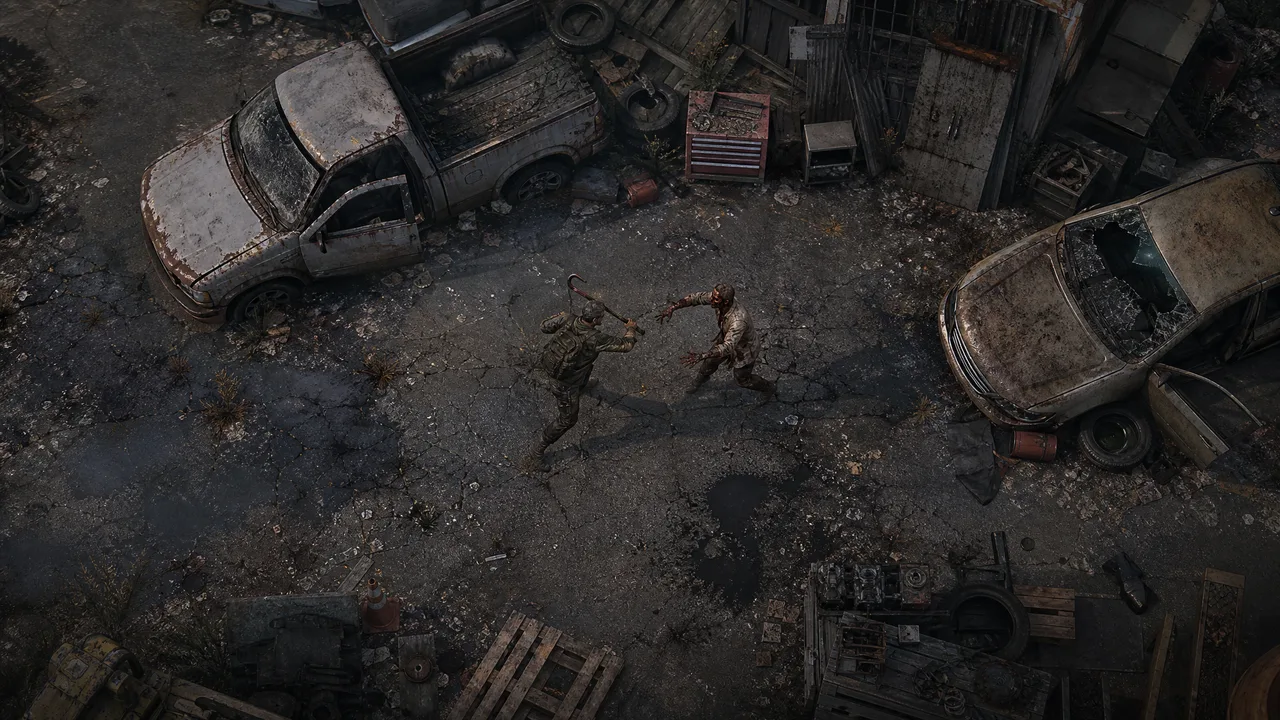 Dead Land Survival a crowbar combat visual guide showing a survivor fighting near abandoned vehicles