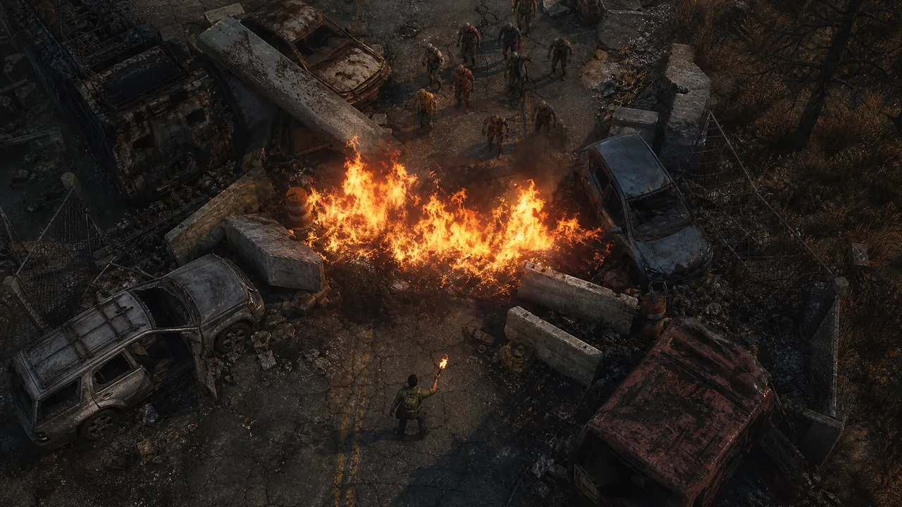 Dead Land Survival a molotov combat visual guide showing fire area denial at a chokepoint