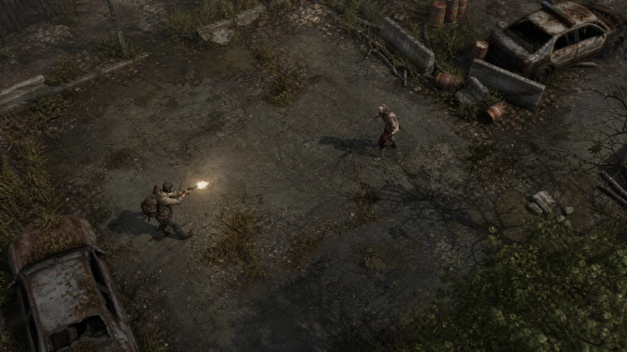 Dead Land Survival a pistol combat visual guide showing medium range spacing against an infected enemy