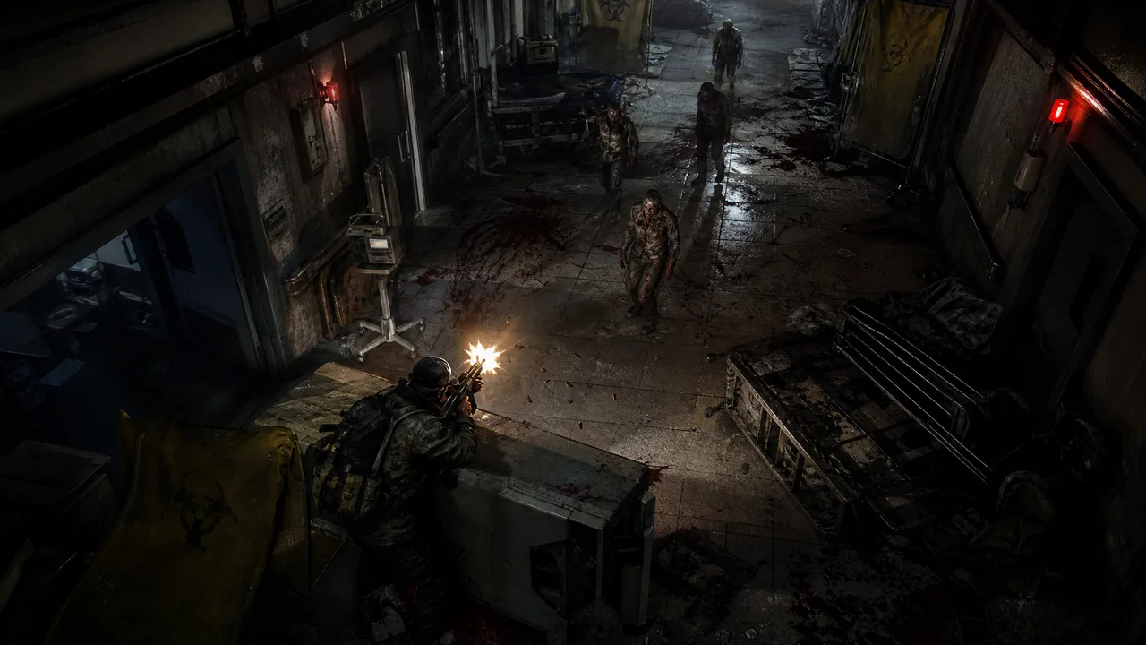 Dead Land Survival an SMG combat visual guide showing controlled bursts in a quarantine corridor