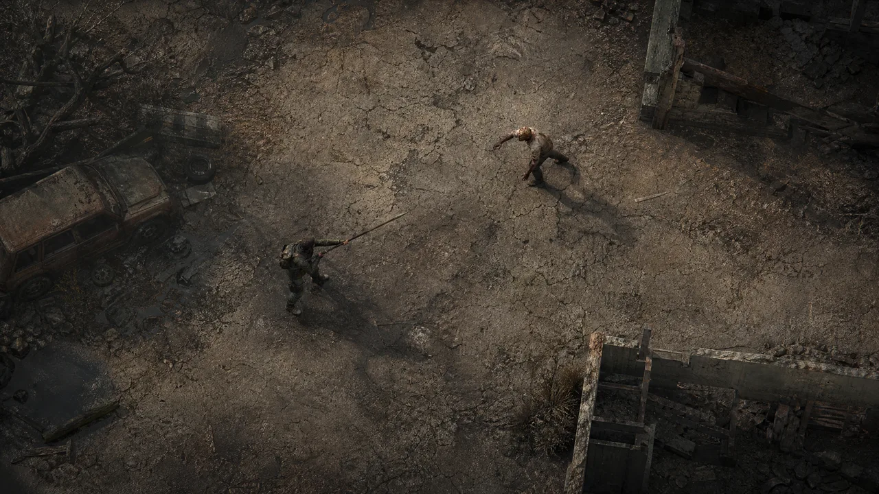 Dead Land Survival a spear combat visual guide showing medium reach control against a dangerous infected enemy